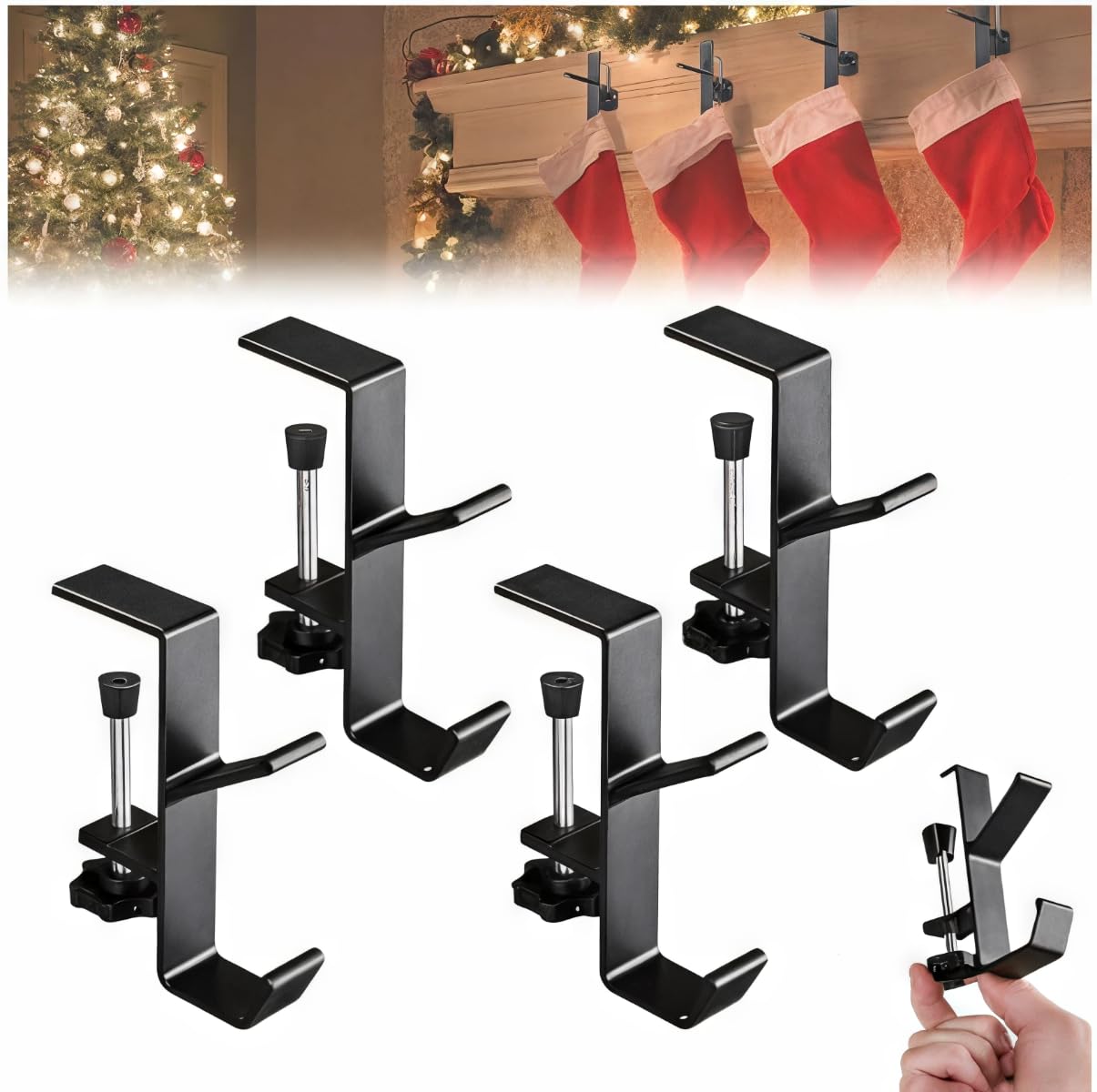 Stocking Holders for Mantle，Garland Hangers for Mantle，Fireplace Stocking and Garland Hanger，4pcs 2-in-1 Adjustable Non Drilled Wall Stove Hook for Christmas Day Home Decoration Metal (Black)