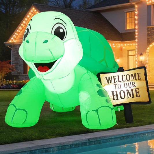 GOOSH 5 FT Long Spring Tortoise Inflatable Outdoor Decoration Blow Up Yard with Welcome Sign Built-in LEDs for Indoor Party Garden Lawn Decor