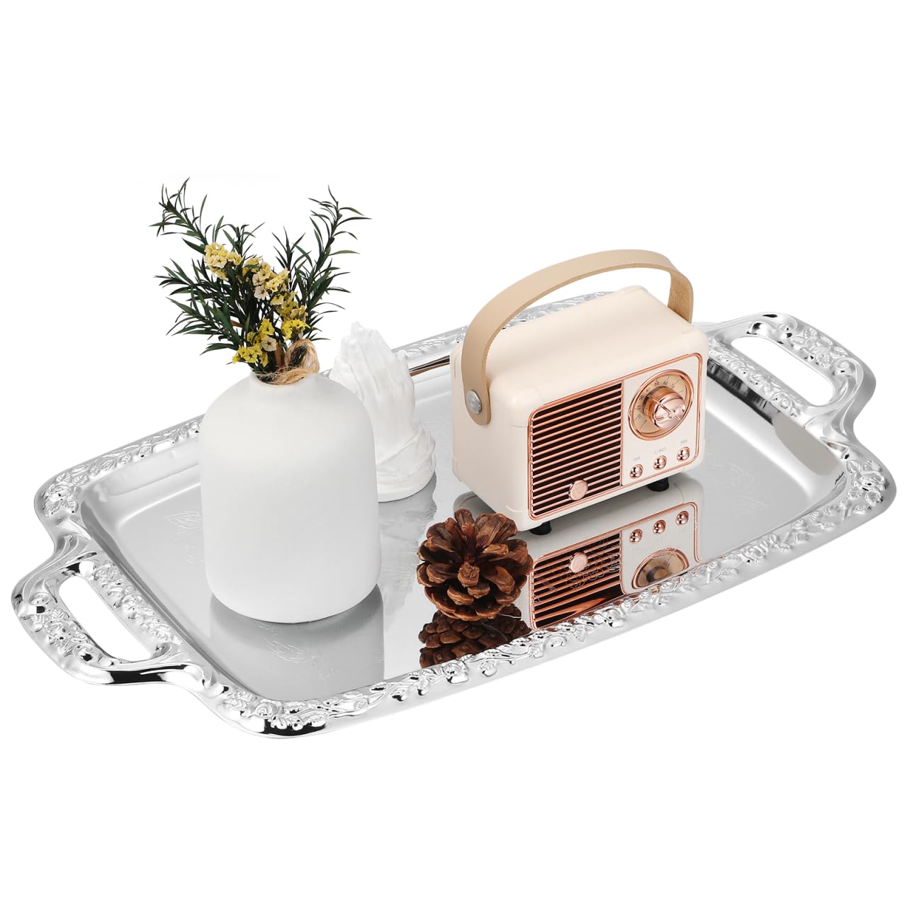Housoutil Metal Serving Tray, Silver Large Rectangular Antique Serving Platter, European Retro Style Tray for Cookies, Charcuterie, Snacks, Desserts, Fruit, Party Food (39. 00x23. 00x1. 70cm)