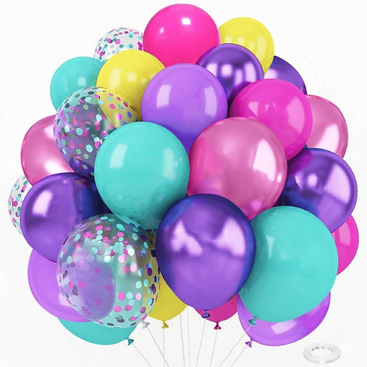 Purple Pink Blue Confetti Balloon, Rainbow Birthday Party Decorations- 12in Hot Pink Metallic Purple Teal Yellow Latex Balloons Bulk 56Pcs for Dollhouse Demon Hunters Kitties Unicorn Colorful Party
