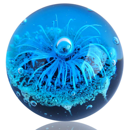EUSTUMA Blue Hand Blown Glass Anemones Sculpture, 3.15x3.15x3.15 inches, 1.52 lbs, Paperweight, Fish Tank Ornament, Figurine Gift Box, Home Decoration