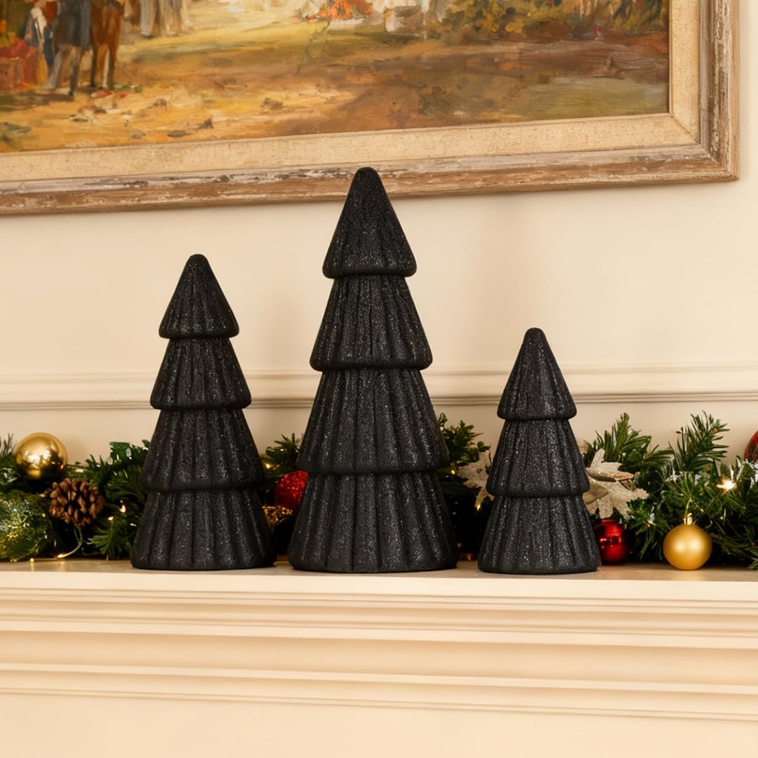 Joyhalo Tabletop Christmas Trees, Set of 3 Frosted Christmas Trees Indoor Xmas Decoration Centerpieces for Table, Mantel, Holiday, Party and Home Decor, Black