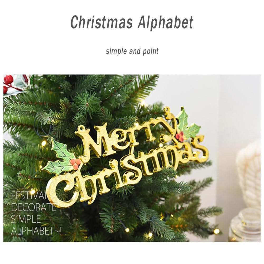 Merry Christmas Signs, 2Pcs Christmas Word Glittery Hanging Signs with Holly Berries and Leaves for Xmas Holiday Party Home Decoration. (Gold+Silver)