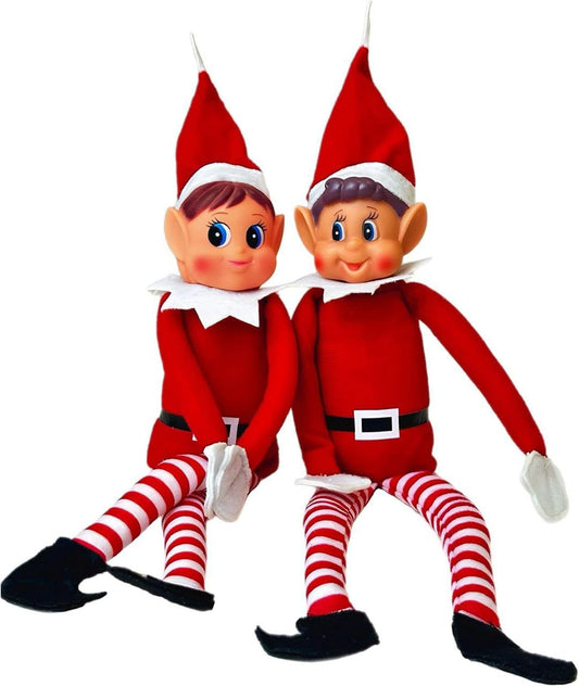 Prime Collectibles Naughty Elf Couple 2 Pack – 12 Inch Boy & Girl Christmas Elf Figures with Soft Bodies & Vinyl Faces, Santa’s Little Helpers, Holiday Shelf Decor, Festive Christmas Display Set