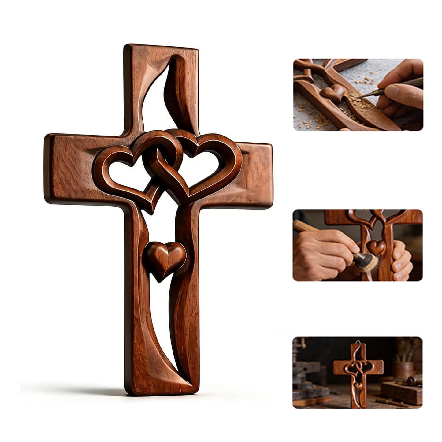 Hand-Carved Intertwined Hearts 9.84 inches Wooden Wall Cross for Wall Sacred, Mothers Day Gifts for Mom ,Handmade Hanging Cross Heart-Shaped Decoration Marriage Wedding Valentine Wood Decorative Gift