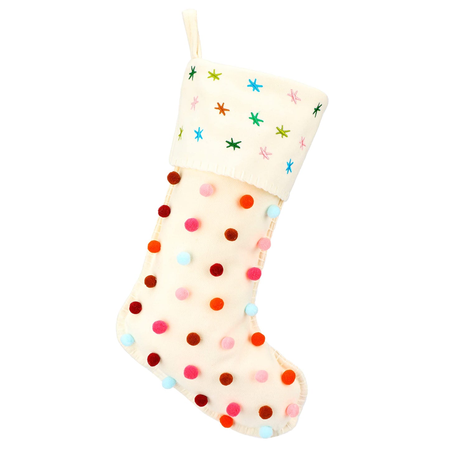 Hopearl Pom Pom Christmas Stocking Kit Boho Style Socks Ultra Soft Holder Ornament Luxury Gifts Bags for Family Xmas Tree Party Supplies, Cream, 18''