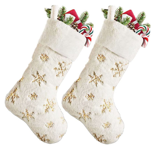 SherryDC White Plush Christmas Stockings 2 Pack, 19" Silver & Gold Snowflake Sequin Embroidered Fireplace Hanging Stockings Set for Christmas Decoration