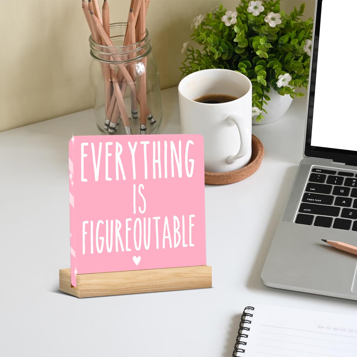 Pink Home Office Desk Decor, Inspirational Farmhouse Acrylic Sign for Tabletop Cubicle Shelf Desk Accessories Everything is Figureoutable Coworker, Friend Beautiful Bookshelf Decor