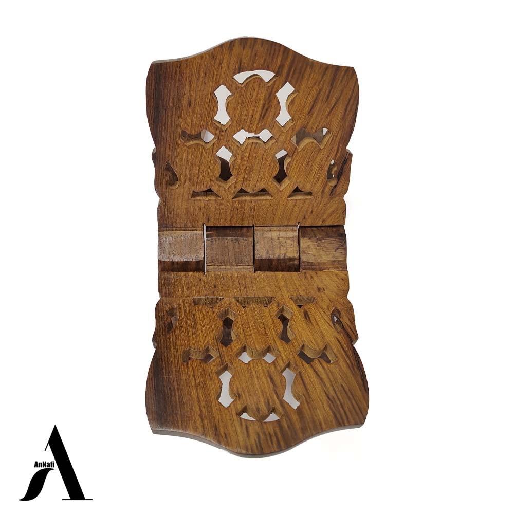 AnNafi® Wooden Book Holder Stand | Rehel/Rehal for Quran Geeta Bible | Indian Book Holders for Reading Hands Free for Desk Gold Stickers | Holy Book Stand Prayer Wood Islam Decor Handmade Gifts