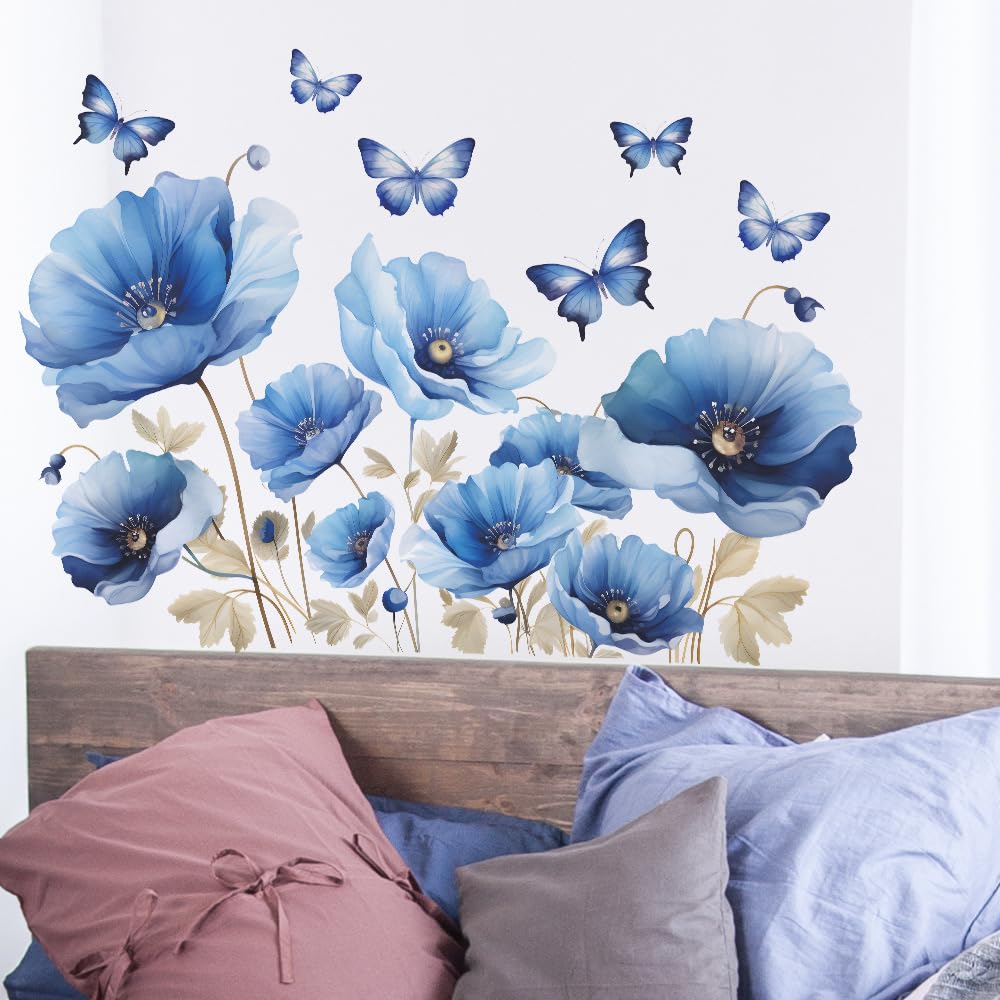 iMagitek Blue Flower Wall Decals Peel and Sticker DIY Floral Butterly Wall Stcikers Murals for Girls Bedroom, Living Room, Kids Room Wall Decor