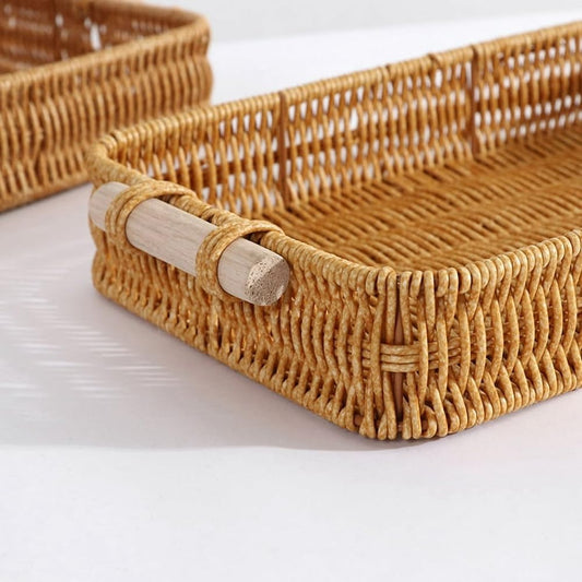 GIB Woven Baskets Serving Trays with Handle, Small Rectangle PP Wicker Rattan Trays Bread Basket for Serving Food, Vegetables, Breakfast, Coffee Table Decor, 14" & 12", Set of 2