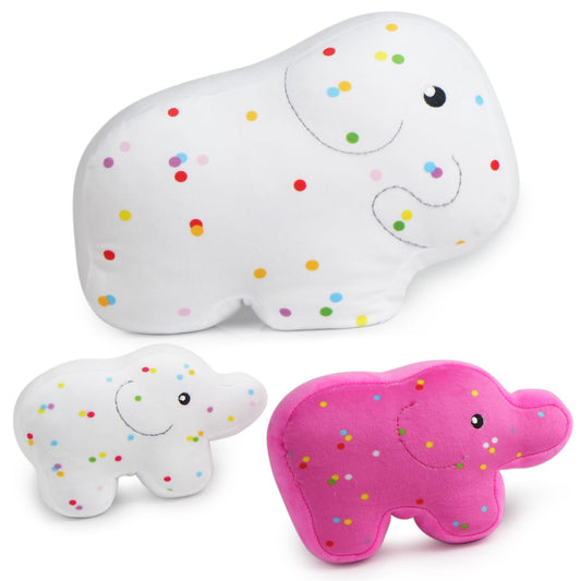 BenBen Cookies Plush Toys, 13.75”, 7.5” and 6.25” Cute Elephant Family Stuffed Animal, Kawaii Food Plushies, Fun Decorative Pillows for Room Décor, Set of 3, White and Hot Pink