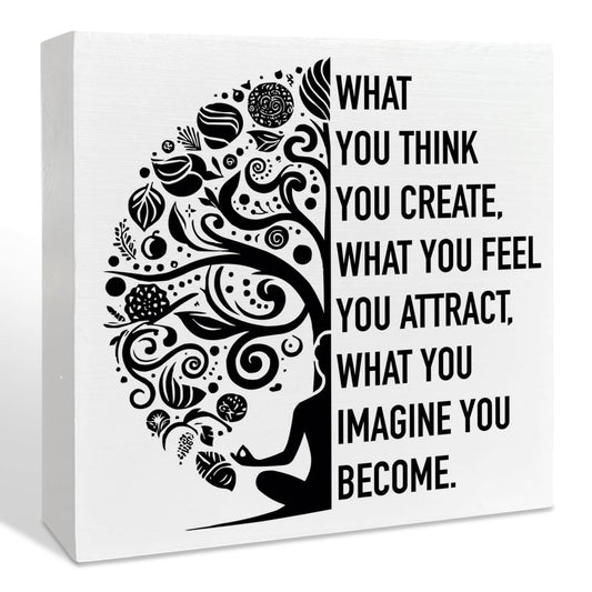 Namaste Meditation Room Desk Wooden Box Sign Decor, Spiritual Zen Den Room Decor, Buddha Quote Yoga Room Wood Box Sign Decorations, Meditation Gifts for Women Men Yoga Lover, What You Think You Create