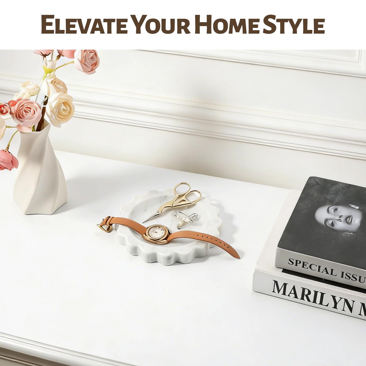 Koville 5.51" Scalloped Marble Tray, Round Stone Jewelry Trinket Dish for Ring, Natural Small Marble Tray for Bathroom Kitchen Dresser Countertop, Decorative Candle Tray(Bianco Carrara)