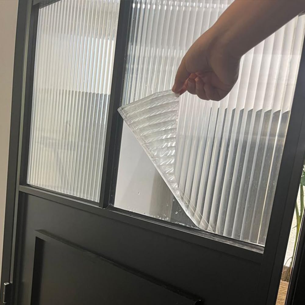Reeded Privacy Window Film, Frosted Glass Vinyl, 3D Decorative Window Decals Non Adhesive for Bathroom, Living Room (（11.81in）*（118.11in）)