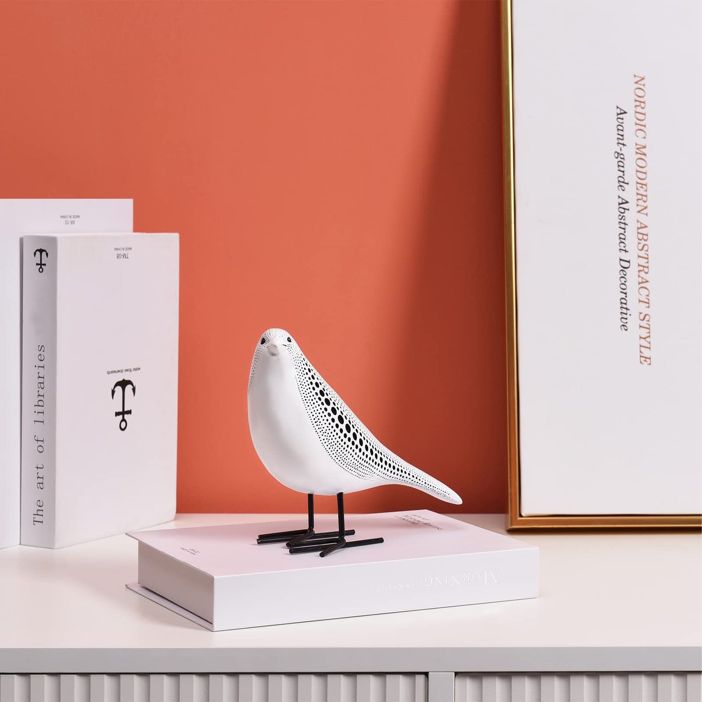 Quoowiit Bird Figurine, Modern Sculpture and Statues for Home Decor, Animal Statues for Bookshelf, Table, Entryway, Fireplace, Resin Decorative Sculpture with Chic Polka Dots Art Design (White)