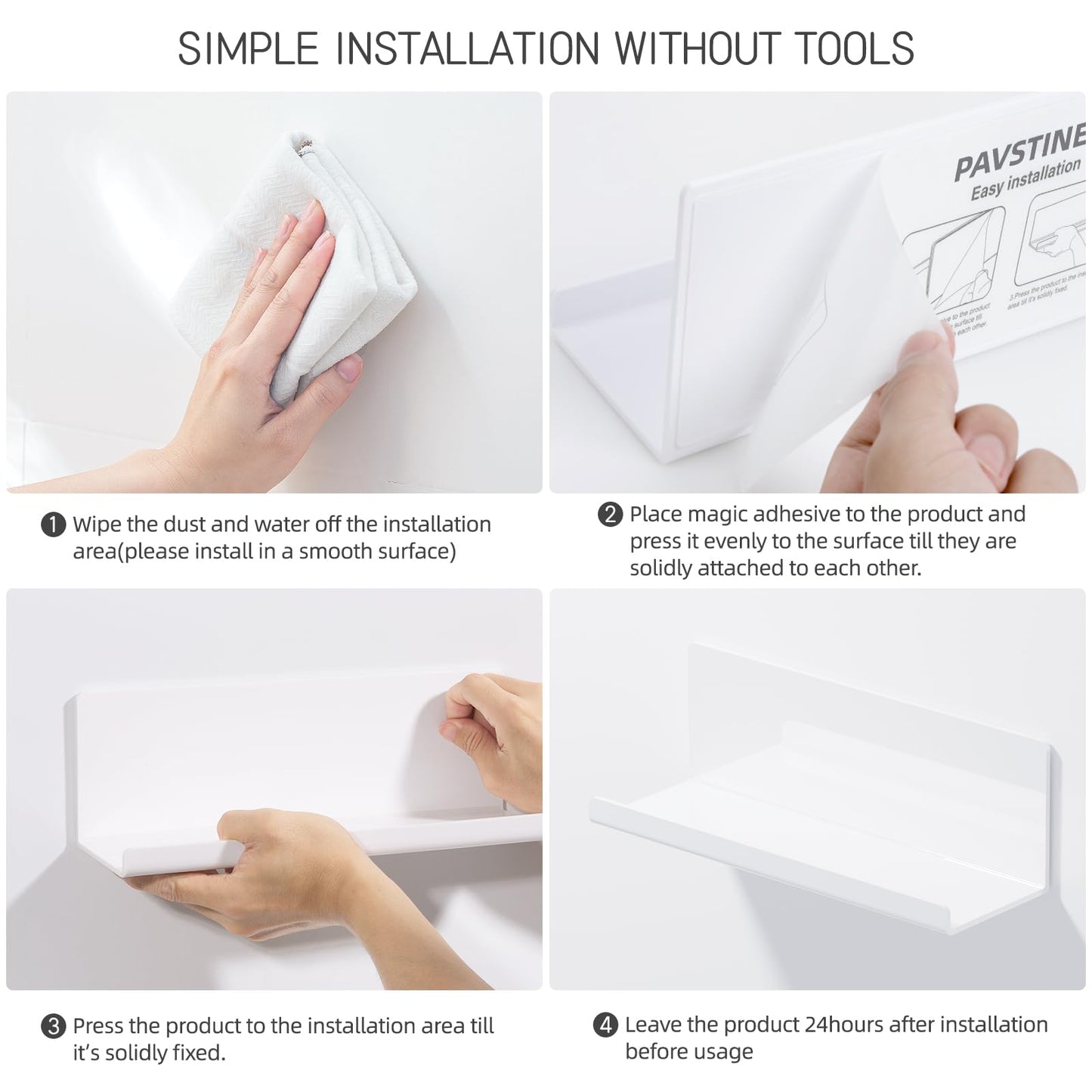 PAVSTINE Acrylic Wall Floating Shelves Set of 2, Wall Shelves White 12 Inch Adhesive Wall Organizer Adhesive Shelf for Bathroom, Kitchen, Bedroom, Office, Gaming Room, No Damage, No Drill