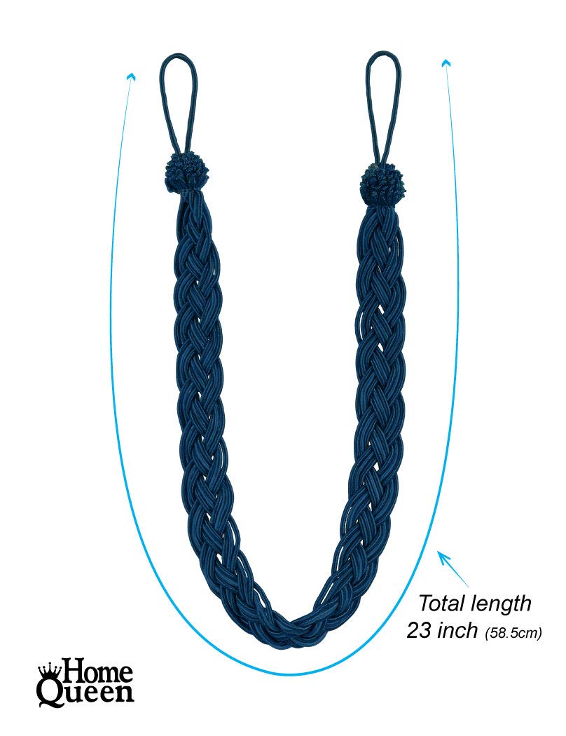 Home Queen Hand Braided Curtain Tie Back, Buckle Holdback Drapery Curtain Tiebacks, 2 Rope Belt Curtain Tie with 2 Metal Hooks, Navy
