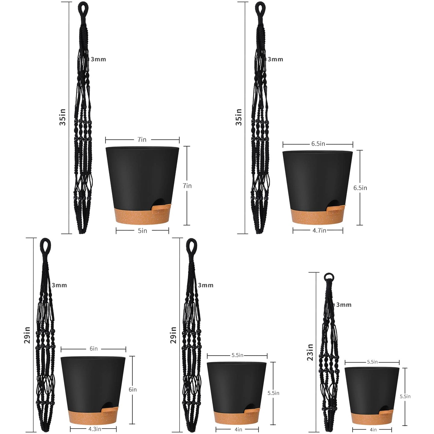 GARDIFE Hanging Planters for Indoor Plants,5Pcs Hanging Basket for Indoor Boho Home Decor,Macrame Plant Hanger,35 Inches,29Inch,23Inch, Ivory,Self Watering Planters, 7/6.5/6/5.5/5 Inch,Black&Black