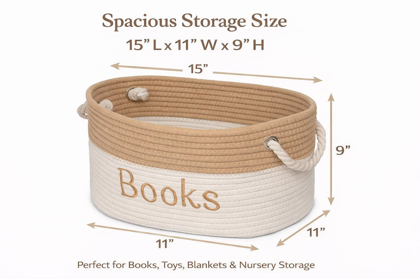Rope Storage Basket - 15 x 11 x 9 Book Storage Bin - Embroidered Storage Bins - Tote Bin for Nursery, Playroom, Living Room, Classroom (Book Bin)