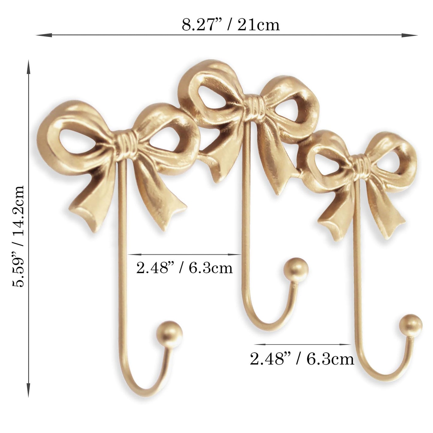 Small Bow Wall Hook,Gold Wall Mounted Functional Hooks,Antique Gold Cast Iron Hook for Coats,Bags, Bath Towels,Room Decorations,Girls Room,Bathroom,Office(Three-Bows Hooks:8.27x5.59 inches)