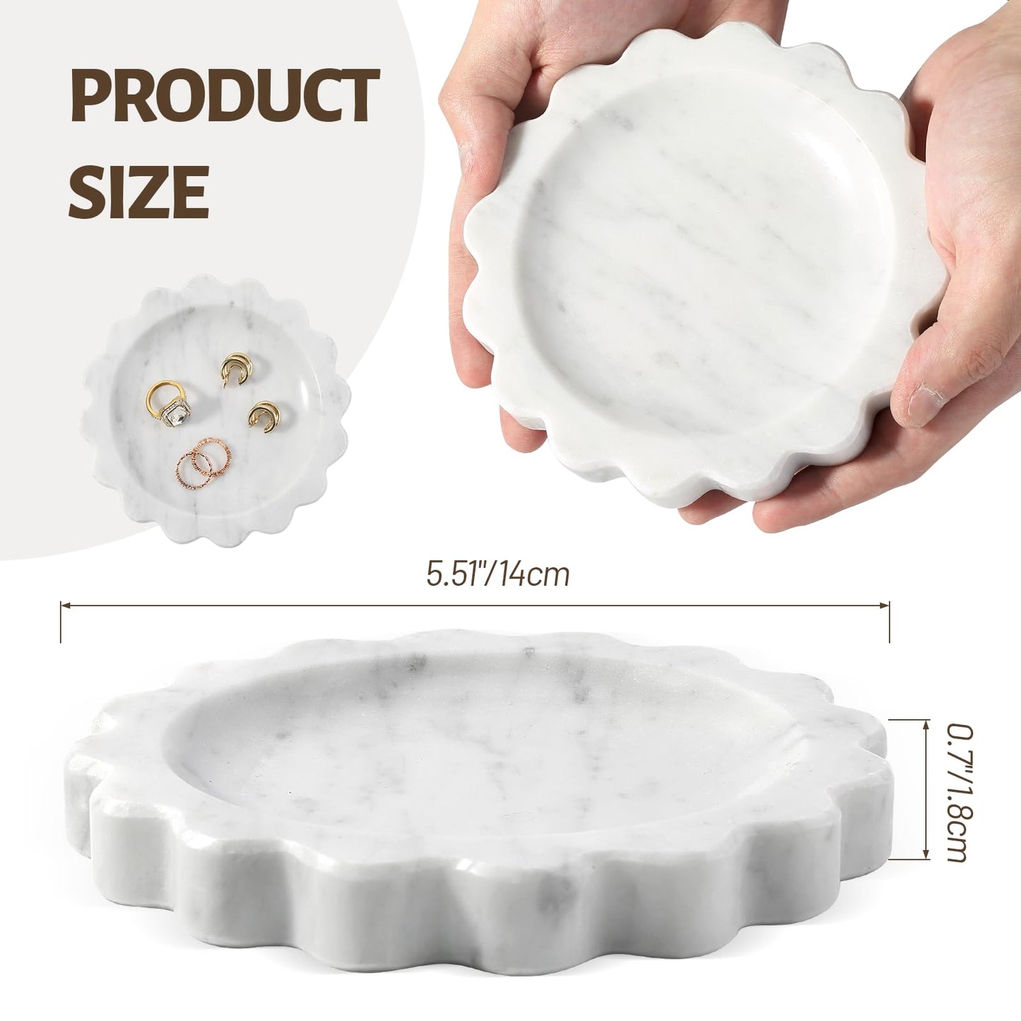 Koville 5.51" Scalloped Marble Tray, Round Stone Jewelry Trinket Dish for Ring, Natural Small Marble Tray for Bathroom Kitchen Dresser Countertop, Decorative Candle Tray(Bianco Carrara)