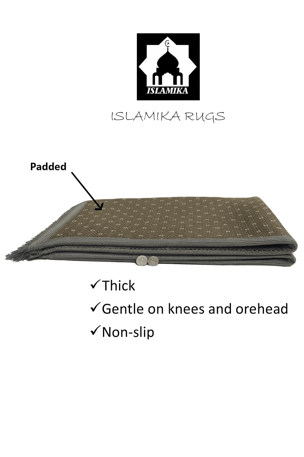 Islamika Prayer Mat Thick Islamic Muslim Rug - Padded mat Sajadah Men Women with Islam Prayer Beads for Eid Travel Ramadan, Soft and Padded (Gray)