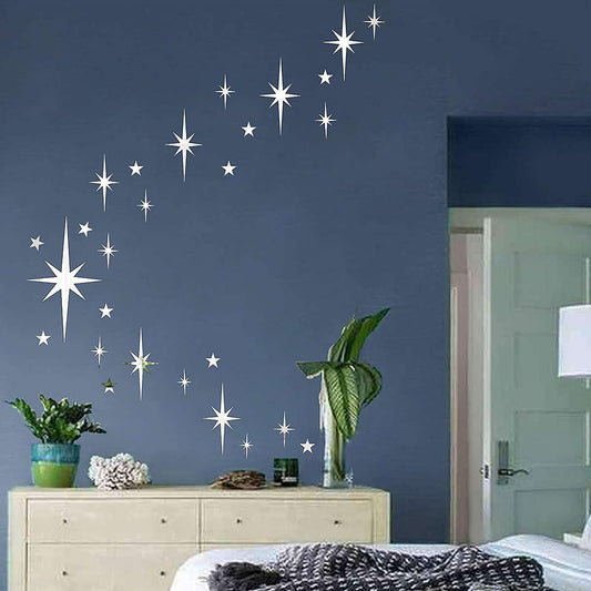 Easma Retro Starburst Mirror Wall Decals Silver 3D Acrylic Sparkle Wall Decors Star Walls Stickers Removable Stars Decals Bathroom Bedroom Living Room Home Walls Decors(123pcs)