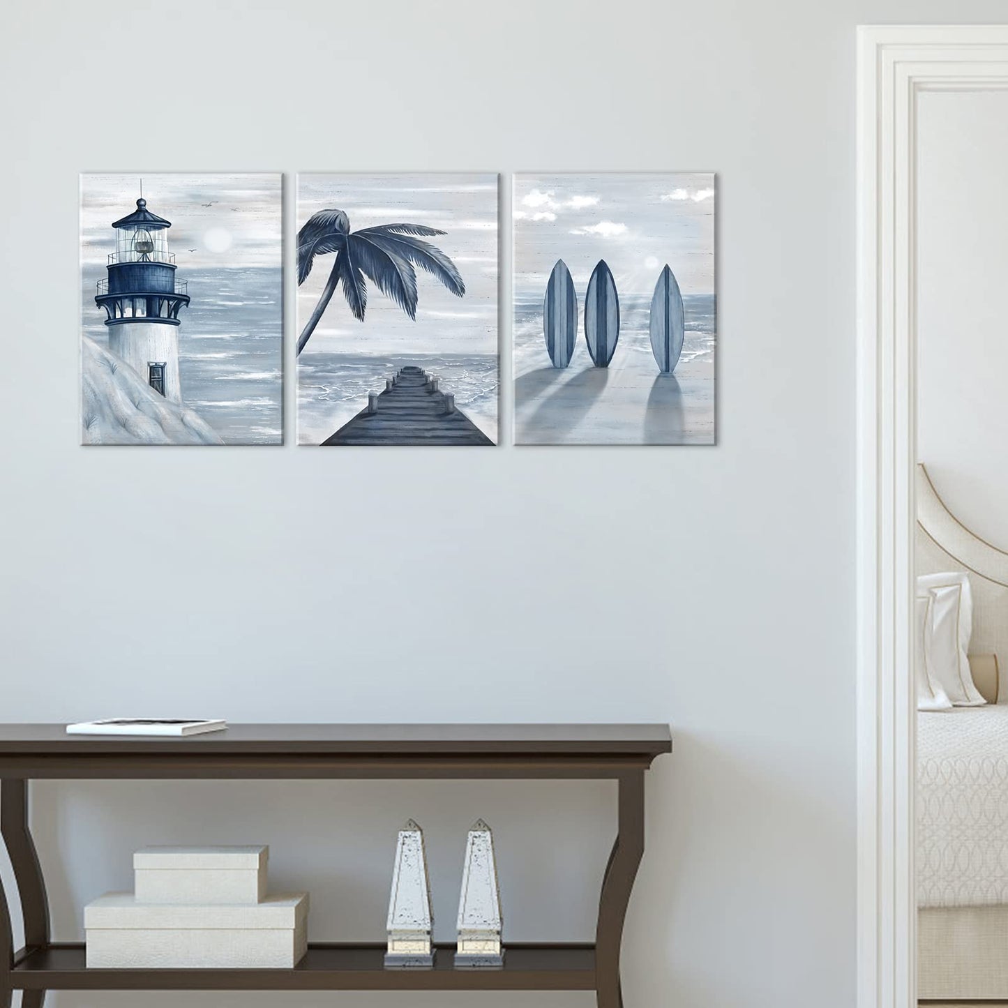HOMEOART Blue Beach Wall Art Prints Ocean Pier Coastal Dock Seascape Lighthouse Painting Nautical Theme Framed Stretched Artwork Living Room Home Wall Decor 12"x16"x3 pcs