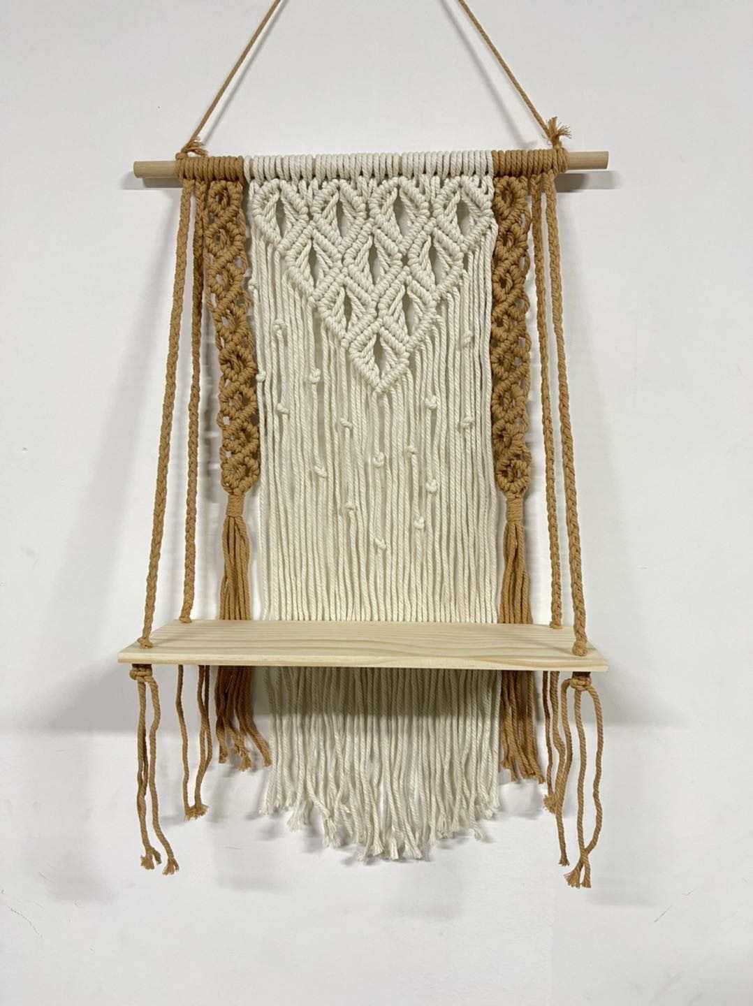 Decorative Wooden Macrame Shelf, Boho Wall Hanging Decor, Rope Plant Flower Hanger Pot Holder, Beige & Brown, 50cm x 75cm (MYG-0324)
