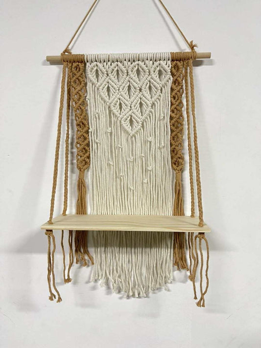Decorative Wooden Macrame Shelf, Boho Wall Hanging Decor, Rope Plant Flower Hanger Pot Holder, Beige & Brown, 50cm x 75cm (MYG-0324)