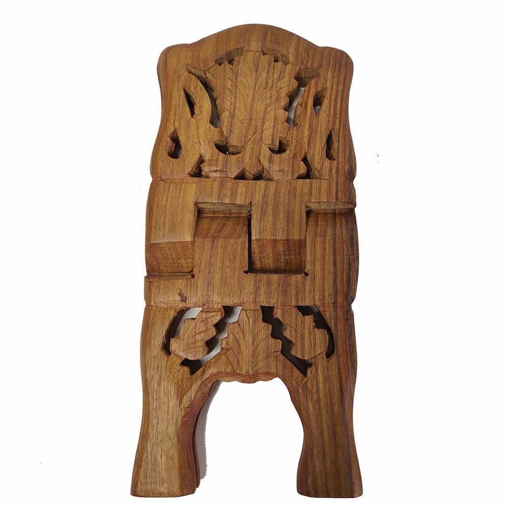 AnNafi® Wooden Book Holder Stand | Rehel/Rehal For Quran Geeta Bible | Indian Book Holders For Reading Hands Free For Desk Carved Antique | Holy Book Stand Prayer/Pooja Wood Islam Decor Handmade Gifts