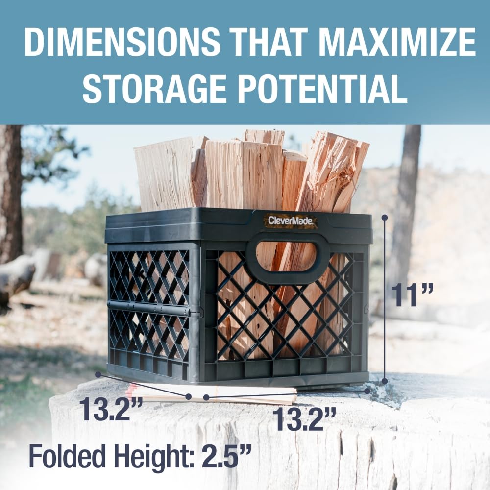 CleverMade Collapsible Milk Crate 25L (6.6 Gal), 50 lb Capacity Heavy Duty Folding Crate – Stackable Storage Crates with File Rails, Plastic Collapsible Crates - Obsidian