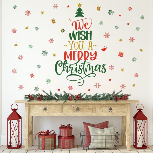 Christmas Tree Wall Decals Merry Christmas Quotes Wall Stickers Xmas Tree Snowflake Wallpaper Christmas Decorations Peel and Stick Removable Vinyl Wall Art for Bedroom