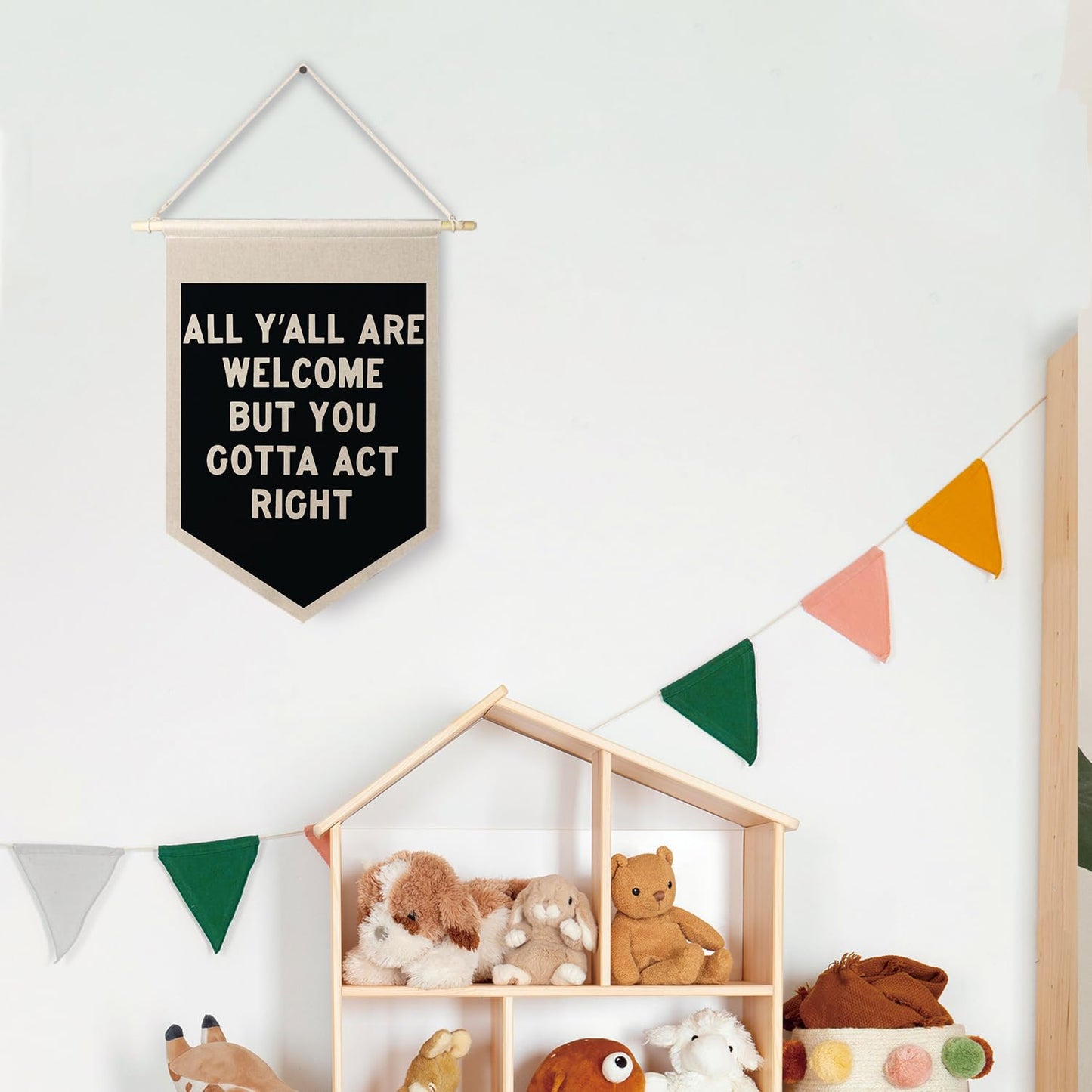 Qpenm All Are Welcome Hanging Wall Canvas Banner,Welcome Hanging Pennant Flag Prints,Funny Posters & Prints Canvas Banner,Funny Classroom Home Living Room Office Wall Art Decor