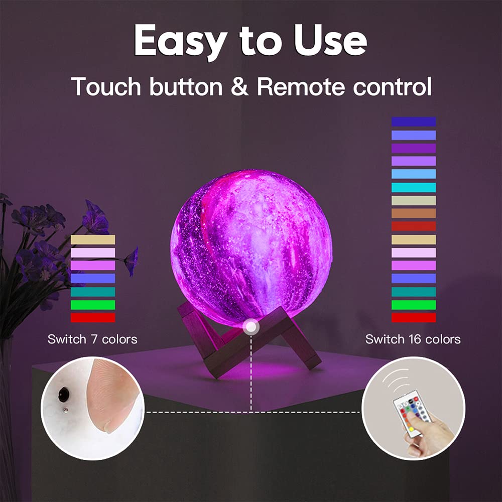 BRIGHTWORLD Moon Lamp Galaxy Lamp 5.9 inch 16 Colors LED 3D Moon Light, Remote & Touch Control Moon Night Light Gifts for Girls Boys Kids Women Birthday（Wooden Base）