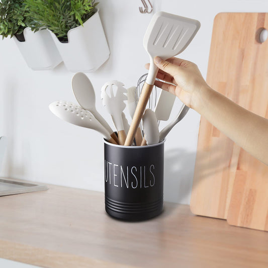 Kitchen Utensil Holder, 6.7" Utensil Holder for Kitchen Counter, Cooking Utensil Crock with Cork Bottom, Modern Farmhouse Decor, Countertop Utensil Storage Organizer Caddy, Black