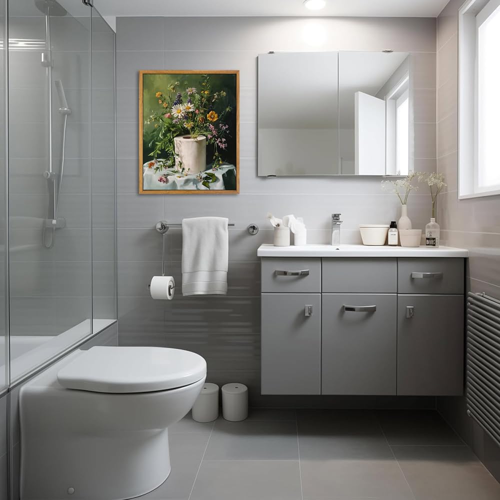 AtterrirArt Framed Funny Bathroom Wall Art, Toilet Paper Picture Painting Print, Vintage Moody Floral Wall Decor, Toilet Canvas Wall Art, Ready To Hang, 12 * 16 Inches