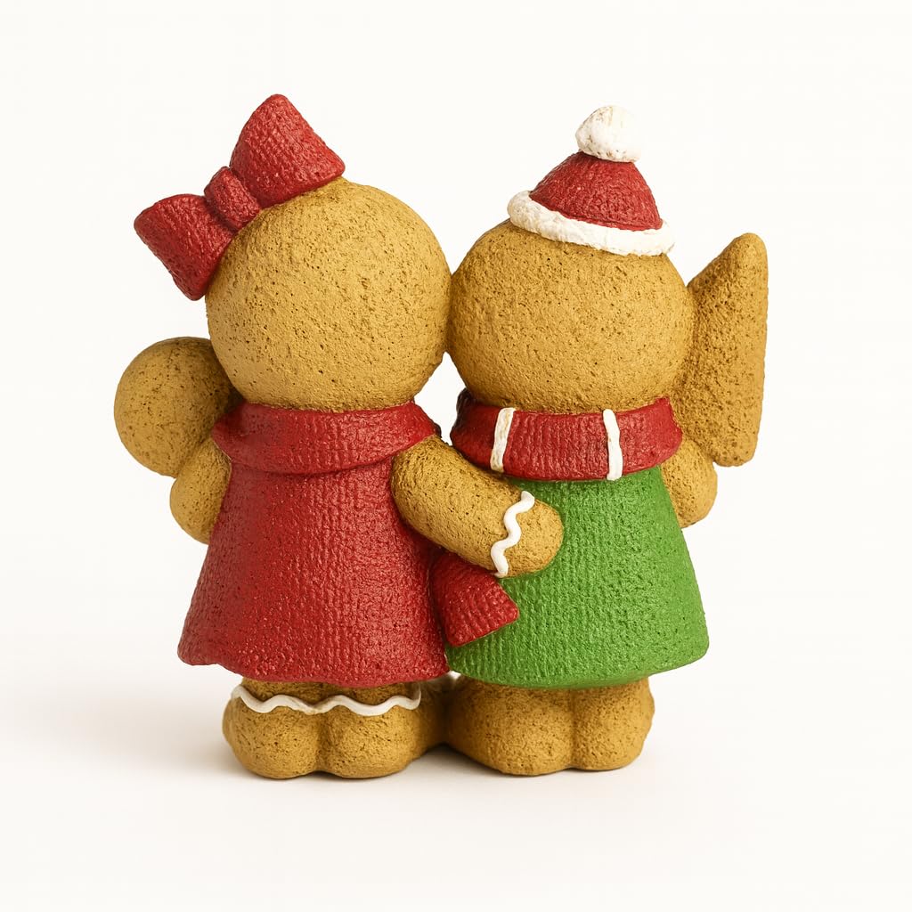 iStatue Christmas Gingerbread Couple Resin Figurine – Hand-Painted Holiday Décor, Boy with Tree Cookie & Girl with Bow and Swirl Lollipop, Tabletop/Mantel Accent (Brown Gingerbread)
