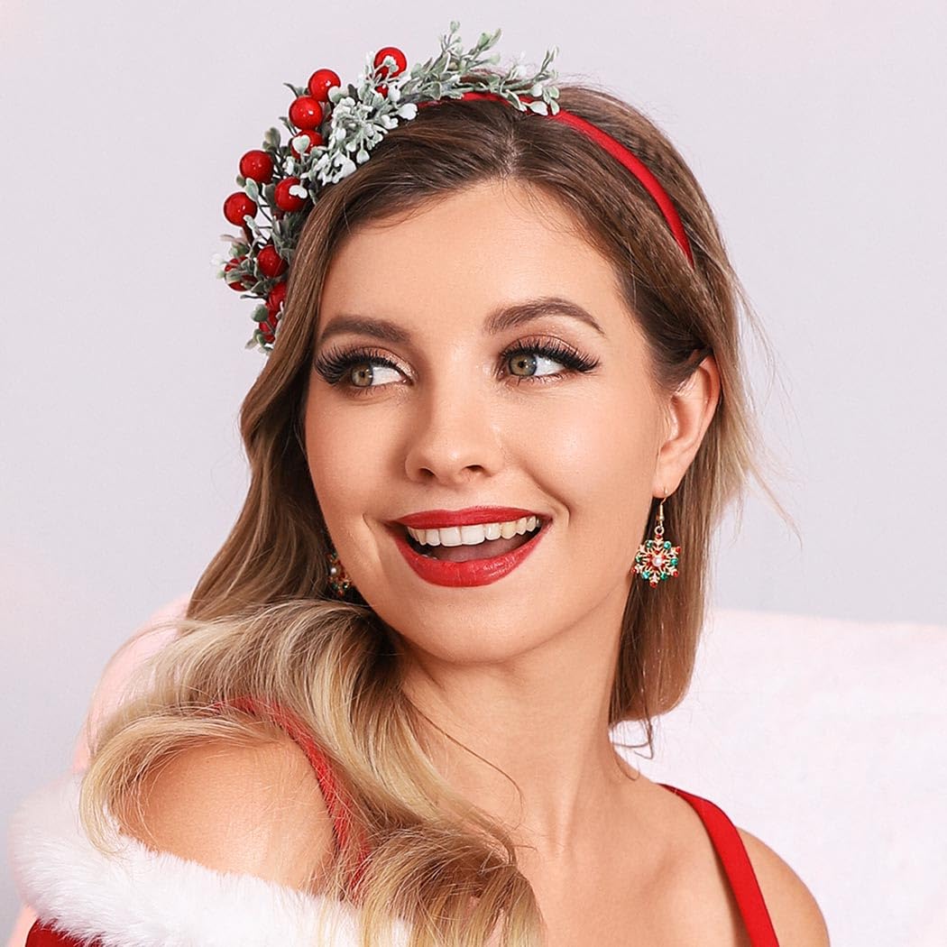 GORTIN Christmas Headbands Xmas Flower Headband Red Berries Hair Hoop Snow Christmas Wreath Hair Band Holiday Party Costume Hair Accessory for Women