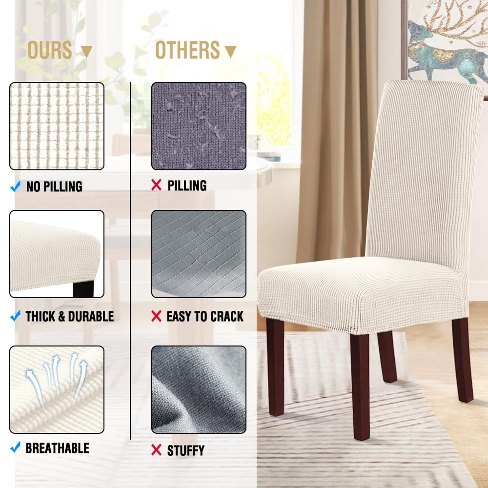 H.VERSAILTEX Stretch Dining Chair Covers Set of 4 Chair Covers for Dining Room Parsons Chair Slipcover Chair Protectors Covers Dining, Feature Textured Checked Jacquard Fabric, Ivory