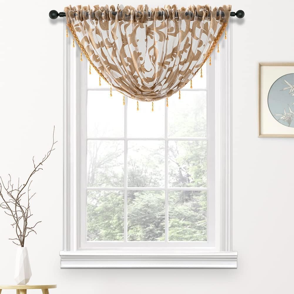 NAPEARL Swag Valance for Windows Tan Beige Organza Sheer Waterfall Curtain, Decorative Elegant Beaded Tassel Trim Rod Pocket Sheer Window Treatment for Bathroom, Kitchen, Small Windows