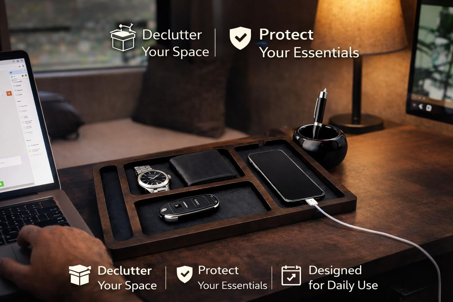 Desk Organizer Tray for Men with Ceramic Pen Holder, Wooden Valet Tray, Minimalist EDC Desk Organizer for Phone, Wallet, & Keys, Nightstand Bedside, Entryway, Birthday Gift for Men, Dad, Husband