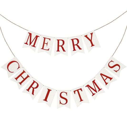 GCQQ Merry Christmas Banner - 9.8FT Prestrung Red White Christmas Burlap Banner Garlands Indoor Vintage Christmas Banner Outdoor Decorations for Inside, Mantle, Fireplace, Wall and Xmas Party