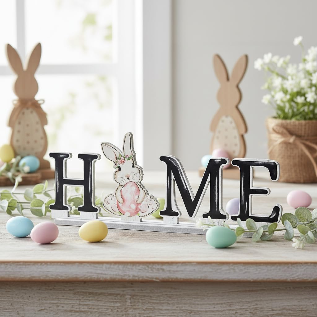 Smile Interchangeable Home Table Signs, Spring Easter Tulips Bunny with 10 Pcs Seasonal Icons, Wooden Sign Decor, HOME Letter Sign Ornaments Set Decorative Shelf Blocks