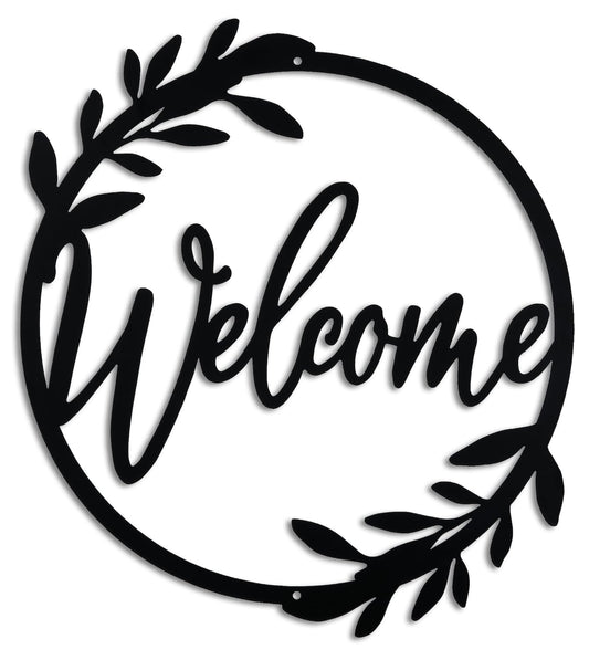 AERLO Metal Welcome Sign for Front Door - Large 13.5 inch Black Wall Decor - Indoor Outdoor Home Decor Perfect for Front Porch, Living Room, and Kitchen (Wreath Style)