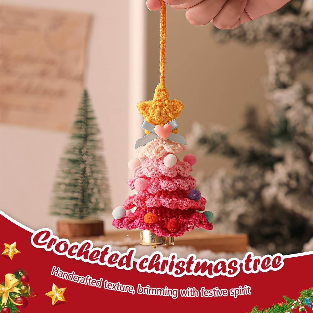 Crochet Christmas Tree Ornament, Knitting Handmade Xmas Tree Pendant with Bell for Holiday Hanging in Door, Car, Window