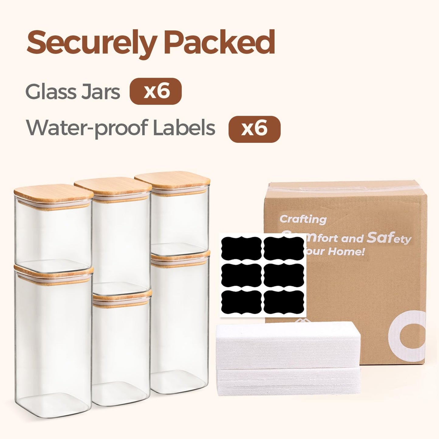 ComSaf Airtight Glass Storage Canister with Lids (0.7Qt/1.2Qt/1.6Qt) Set of 6, Food Storage Container Kitchen Pantry Storage Jar, Glass Jars for Flour Cereal Sugar Tea Coffee Beans Snacks, Square