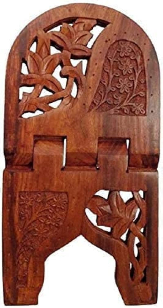 Rihal Rehal Handmade Wooden Quran Holder - Folding Book Reading Stand, Floral Design Curved Magazine Holder