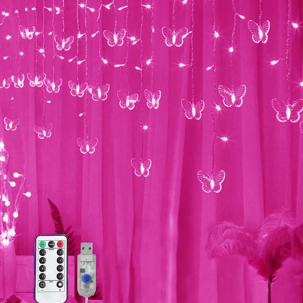 Lainin USB Powered String Light 13FT 96LED Curtain Light 16 Butterflies Strings 8 Mode Fairy Light Strip for Party Indoor Outdoor Room Garden Wall Wedding Christmas Xmas Decorations (Pink)